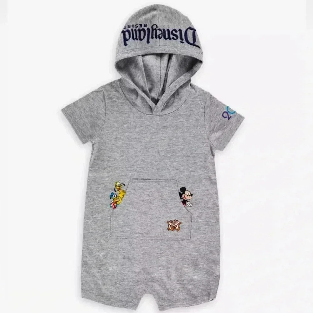 Disney Land 18 mo Hooded SS Grey bottom buttoned Romper w characters.